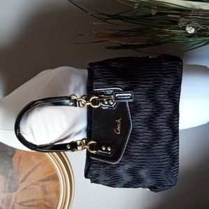 Coach " Ashley " Black Gathered Nylon and Patent Leather Medium Satchel Handbag.